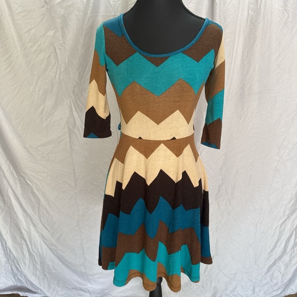 Rue21 Chevron Midi Dress in Teal, Brown, and Cream - Picture 1 of 3
